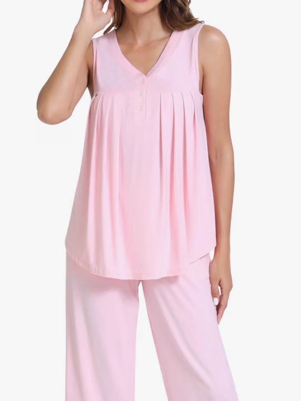 Sleeveless V-Neck Pink Pajama Top and Lounge Set